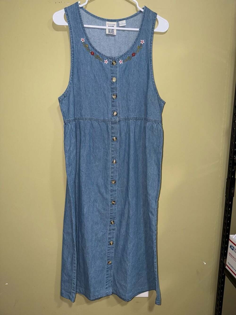 Mississippi River Blues Vintage 90s Floral Embroidered Denim Midi Dress